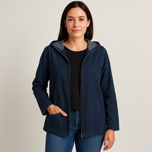 Pure Jill Indigo Navy Hoodie Jacket Size M Corded Cotton Blend Zip Front
